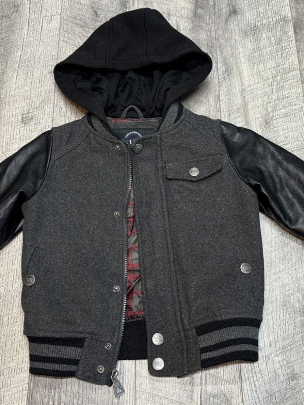 Urban Republic Wool Faux Leather Hooded Jacket Boys Medium 5-6 Black Biker